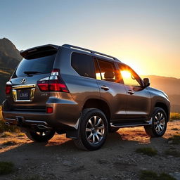 A striking Lexus LX470 SUV parked majestically in a scenic mountain landscape, showcasing its robust design and luxurious features