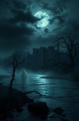 A dark and eerie landscape depicting a gothic river scene, shrouded in mist and shadows