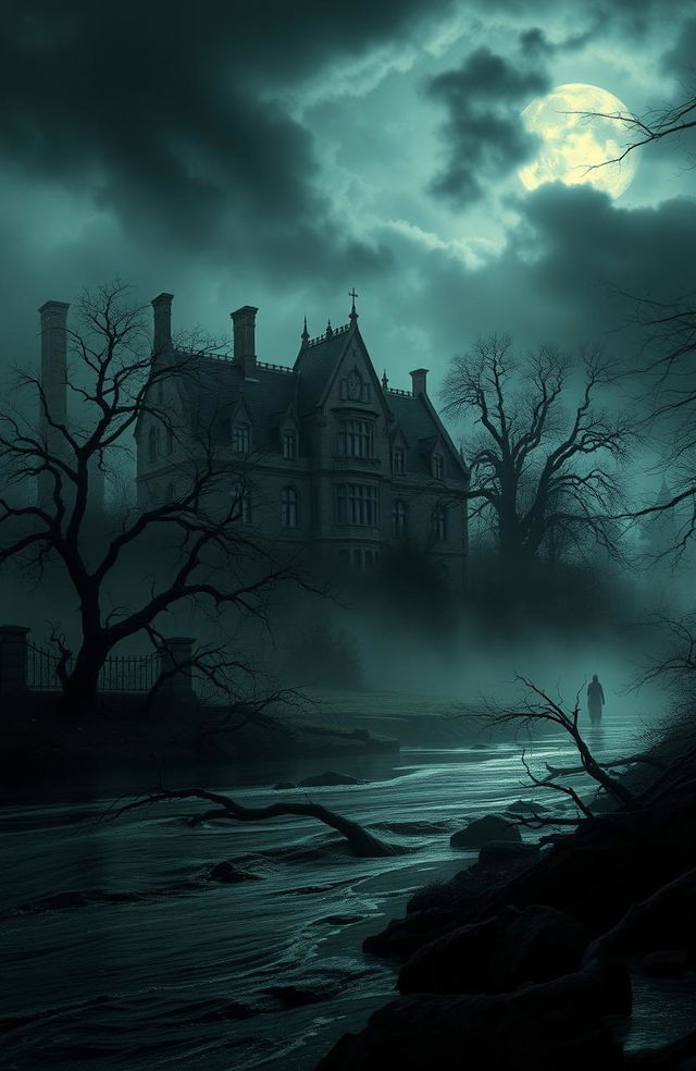 A dark and eerie landscape depicting a gothic river scene, shrouded in mist and shadows