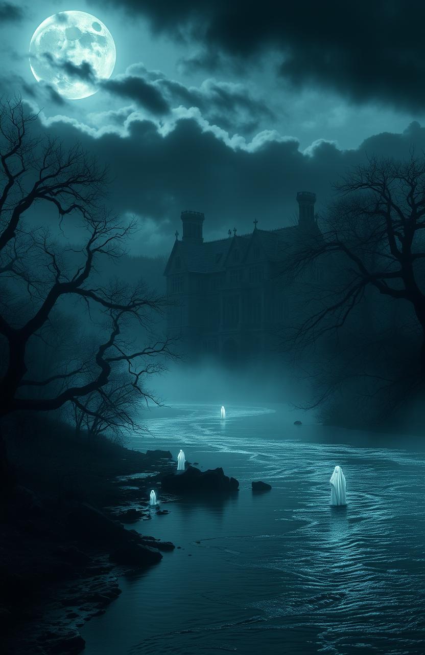 A dark and eerie landscape depicting a gothic river scene, shrouded in mist and shadows