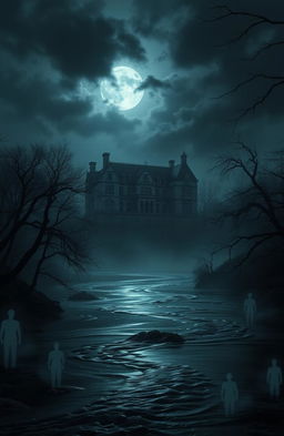 A dark and eerie landscape depicting a gothic river scene, shrouded in mist and shadows