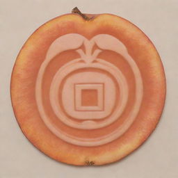 A peach represented in the form of a single-colored outline of a Mayan glyph.