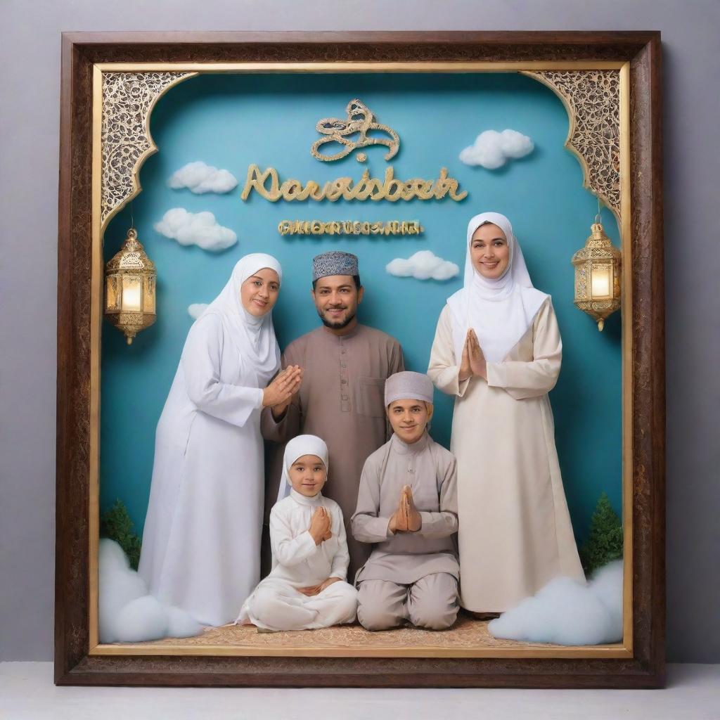 A realistic 3D framed portrait of an Indonesian Muslim family, dressed in Islamic attire, positioned in a 'namaste' pose