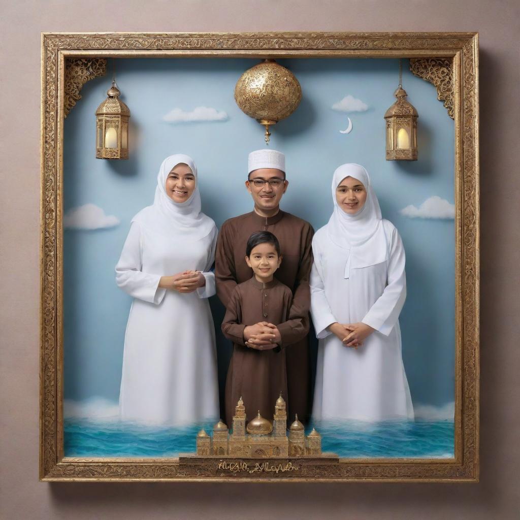 A realistic 3D framed portrait of an Indonesian Muslim family, dressed in Islamic attire, positioned in a 'namaste' pose