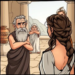 A comic or caricature style illustration set in ancient Greece