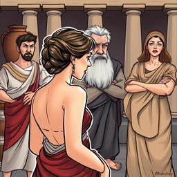 A comic or caricature style illustration set in ancient Greece