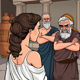 A comic or caricature style illustration set in ancient Greece