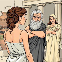 A comic or caricature style illustration set in ancient Greece