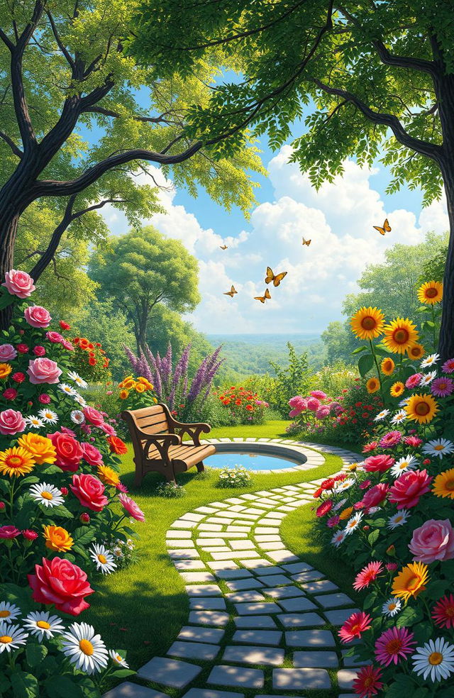 A lush, vibrant garden belonging to a character named Tina, filled with a variety of blooming flowers in vivid colors, including roses, daisies, and sunflowers