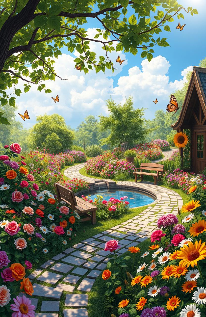 A lush, vibrant garden belonging to a character named Tina, filled with a variety of blooming flowers in vivid colors, including roses, daisies, and sunflowers