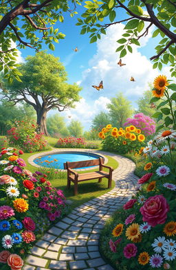 A lush, vibrant garden belonging to a character named Tina, filled with a variety of blooming flowers in vivid colors, including roses, daisies, and sunflowers
