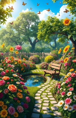 A lush, vibrant garden belonging to a character named Tina, filled with a variety of blooming flowers in vivid colors, including roses, daisies, and sunflowers