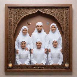 A realistic 3D framed portrait of an Indonesian Muslim family, dressed in Islamic attire, positioned in a 'namaste' pose