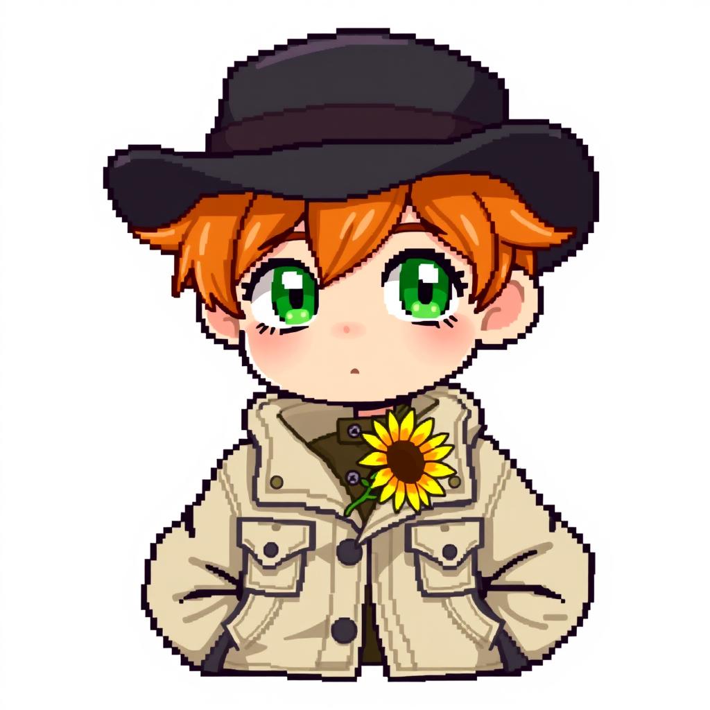 A ginger-haired boy, aged 16, portrayed in a charming chibi pixel art style