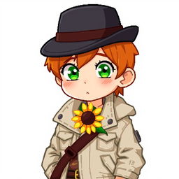 A ginger-haired boy, aged 16, portrayed in a charming chibi pixel art style