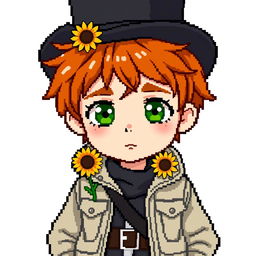 A ginger-haired boy, aged 16, portrayed in a charming chibi pixel art style