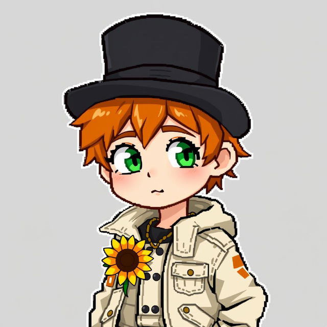 A ginger-haired boy, aged 16, portrayed in a charming chibi pixel art style