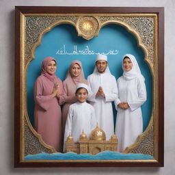 A realistic 3D framed portrait of an Indonesian Muslim family, dressed in Islamic attire, positioned in a 'namaste' pose