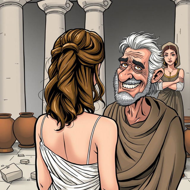 In an ancient Greek setting, a young and beautiful Greek woman is seen from behind, her face unseen