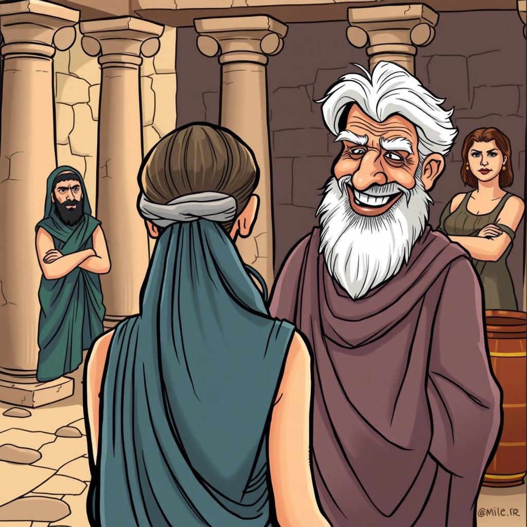 In an ancient Greek setting, a young and beautiful Greek woman is seen from behind, her face unseen