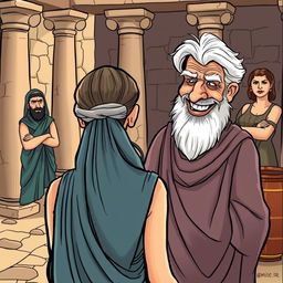 In an ancient Greek setting, a young and beautiful Greek woman is seen from behind, her face unseen