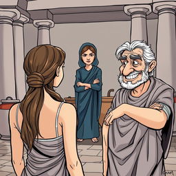 In an ancient Greek setting, a young and beautiful Greek woman is seen from behind, her face unseen