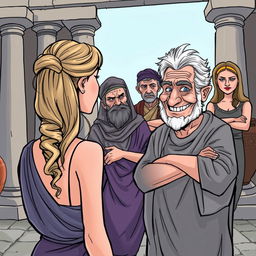In an ancient Greek setting, a young and beautiful Greek woman is seen from behind, her face unseen