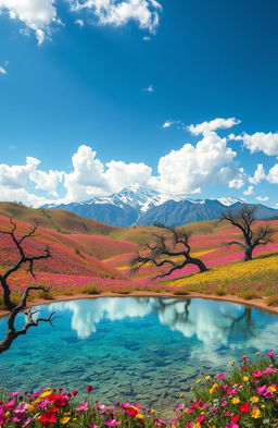 A stunning, surreal landscape with vibrant colors and dreamlike elements, featuring rolling hills covered in colorful wildflowers under a bright blue sky, fluffy white clouds, and a gentle breeze