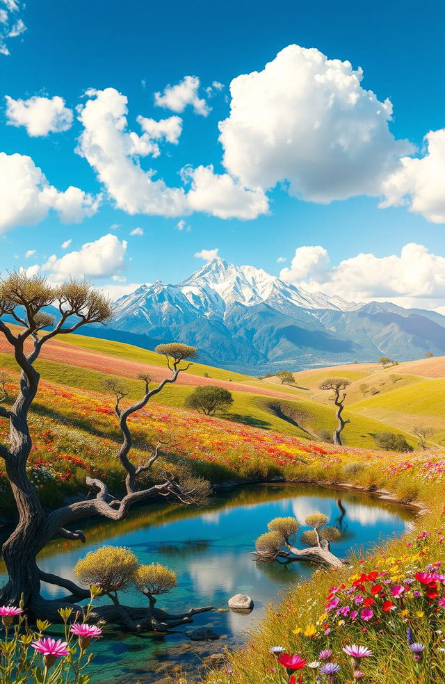 A stunning, surreal landscape with vibrant colors and dreamlike elements, featuring rolling hills covered in colorful wildflowers under a bright blue sky, fluffy white clouds, and a gentle breeze