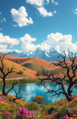 A stunning, surreal landscape with vibrant colors and dreamlike elements, featuring rolling hills covered in colorful wildflowers under a bright blue sky, fluffy white clouds, and a gentle breeze