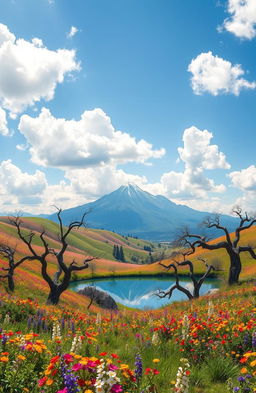 A stunning, surreal landscape with vibrant colors and dreamlike elements, featuring rolling hills covered in colorful wildflowers under a bright blue sky, fluffy white clouds, and a gentle breeze