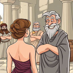 A comedic scene set in ancient Greece, featuring a beautiful young Greek woman seen from the back, her face not visible