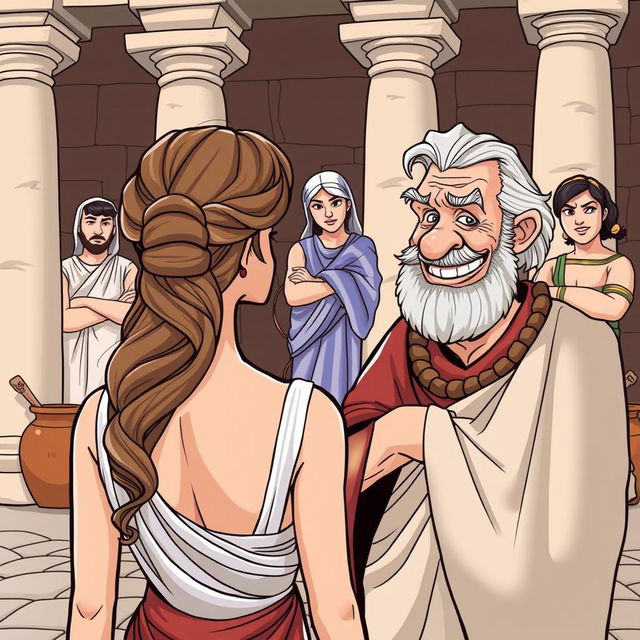 A comedic scene set in ancient Greece, featuring a beautiful young Greek woman seen from the back, her face not visible