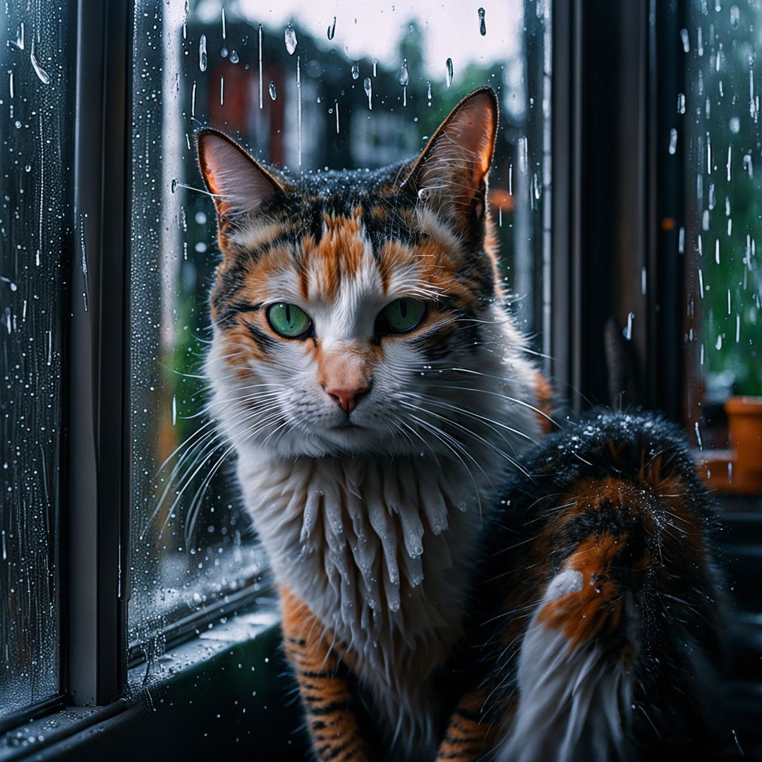 Front head view of a calico cat sitting inside and looking out at a rainy day through a window streaked with raindrops