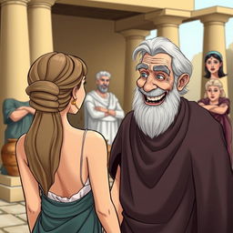 A comedic scene set in ancient Greece, featuring a beautiful young Greek woman seen from the back, her face not visible