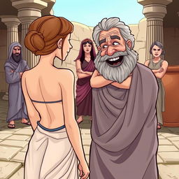 A comedic scene set in ancient Greece, featuring a beautiful young Greek woman seen from the back, her face not visible