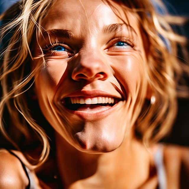 Close-up photograph of a laughing sun-kissed blonde woman taken with a Phase One XF IQ4 150MP camera and Phase One Macro 120mm f/4