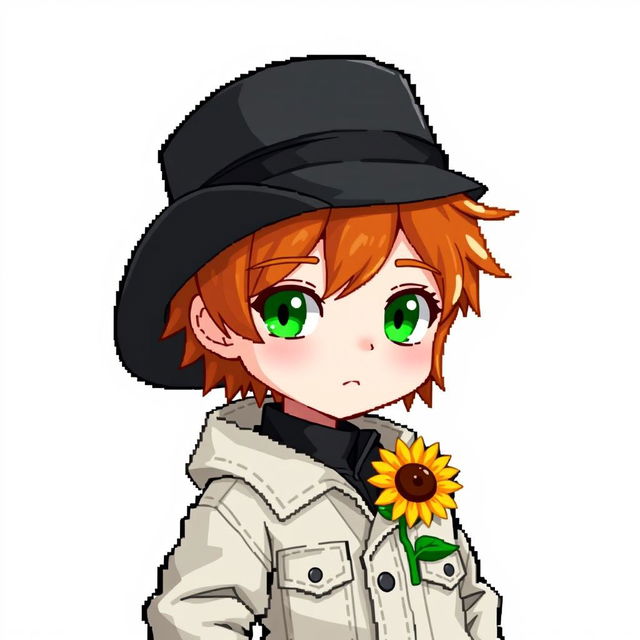 A ginger-haired boy, 16 years old, with a black top hat covering half of his head