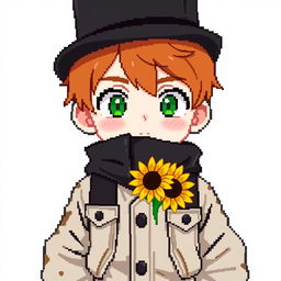 A ginger-haired boy, 16 years old, with a black top hat covering half of his head
