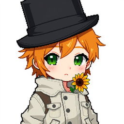 A ginger-haired boy, 16 years old, with a black top hat covering half of his head