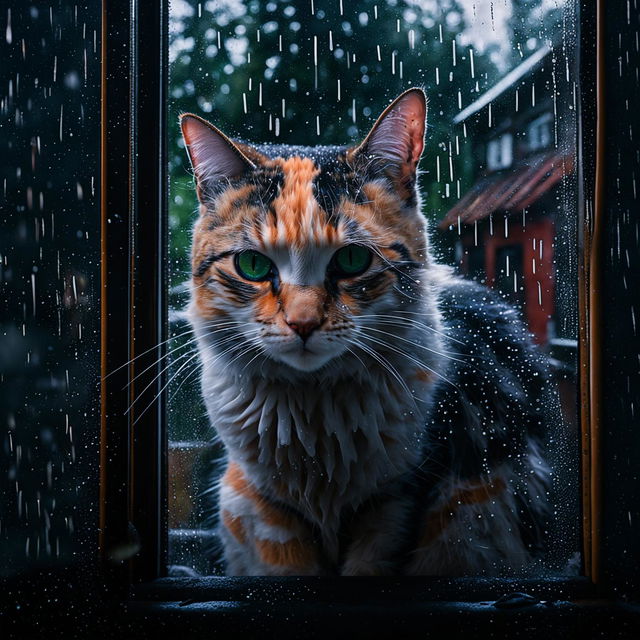 Front head view of a calico cat sitting inside and looking out at a rainy day through a window streaked with raindrops