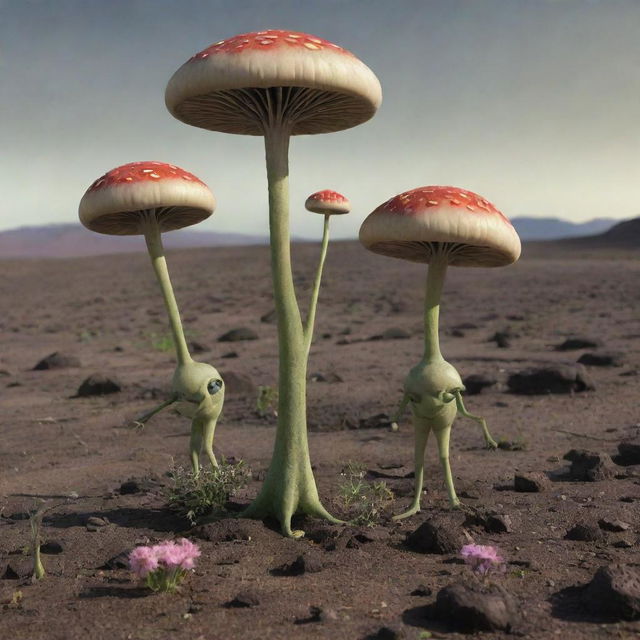 Aliens with small heads and two mushroom-like antennas, drop-shaped bodies, and short, thick legs in a desolate landscape, collecting a flower into a glass container