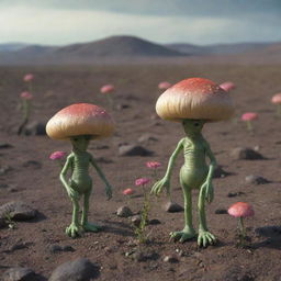 Aliens with small heads and two mushroom-like antennas, drop-shaped bodies, and short, thick legs in a desolate landscape, collecting a flower into a glass container