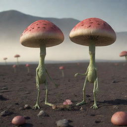 Aliens with small heads and two mushroom-like antennas, drop-shaped bodies, and short, thick legs in a desolate landscape, collecting a flower into a glass container