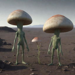 Aliens with small heads and two mushroom-like antennas, drop-shaped bodies, and short, thick legs in a desolate landscape, collecting a flower into a glass container