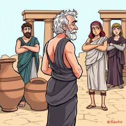 A comic or caricature style illustration set in ancient Greece