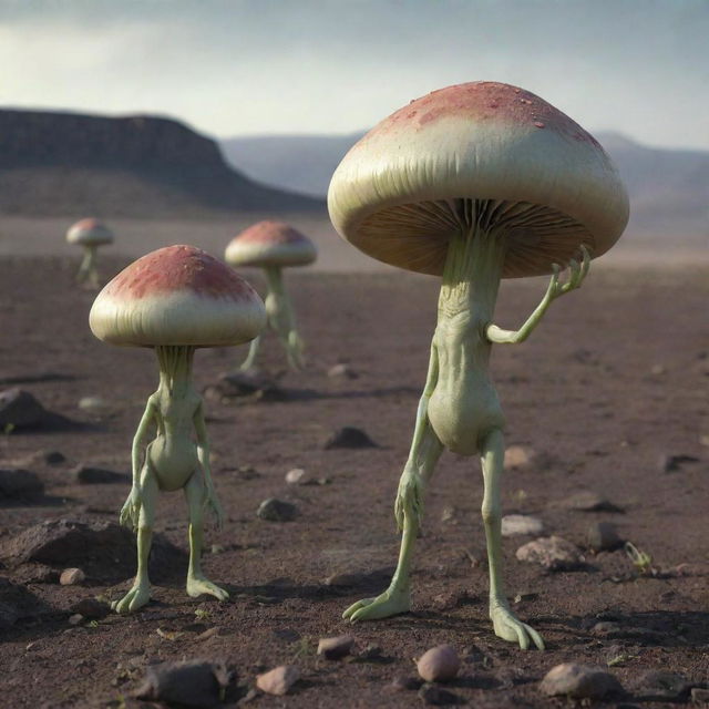 Aliens with small heads and two mushroom-like antennas, drop-shaped bodies, and short, thick legs in a desolate landscape, collecting a flower into a glass container