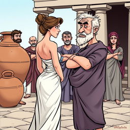 A comic or caricature style illustration set in ancient Greece