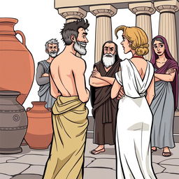 A comic or caricature style illustration set in ancient Greece