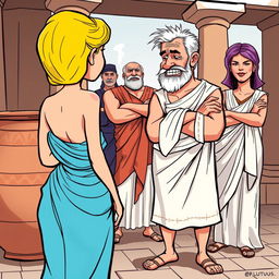 A comic or caricature style illustration set in ancient Greece